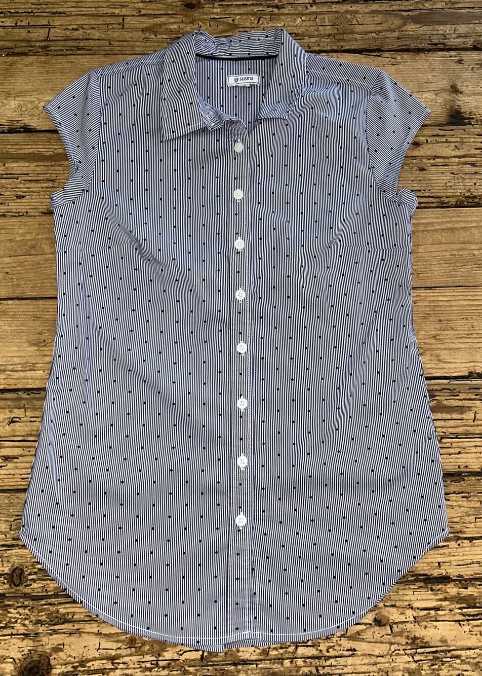 Susina Women’s Size XS Blue Polka Dot Striped Button Down Cap Sleeve Blouse